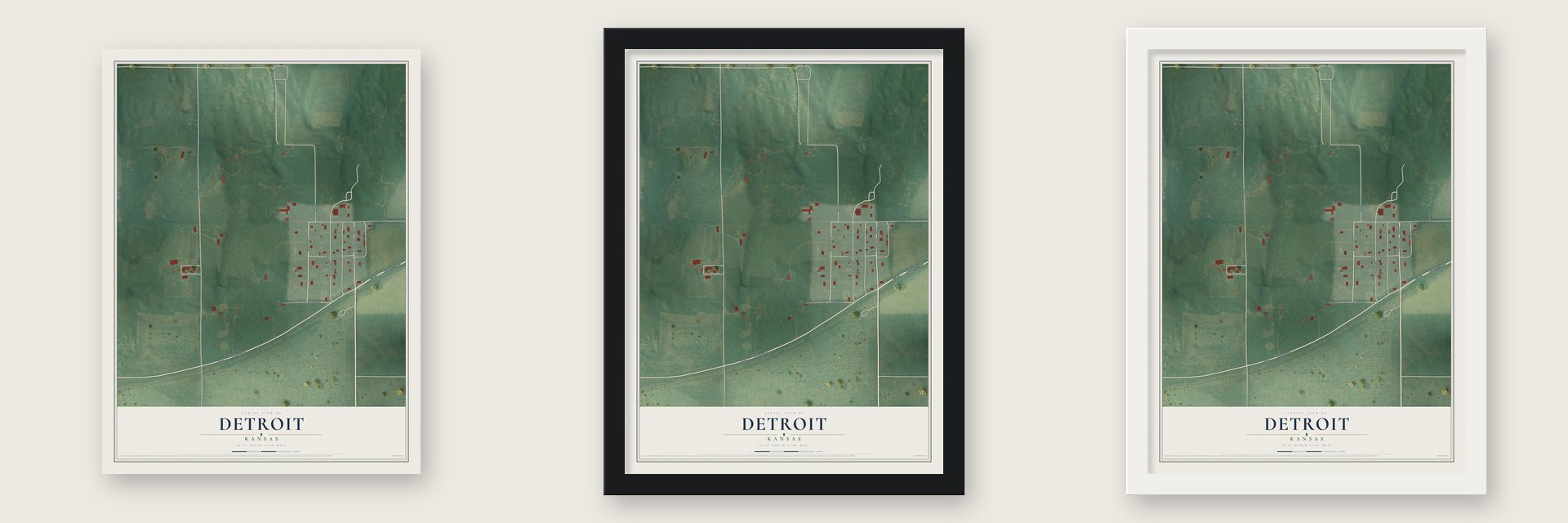 Detroit, Kansas map unframed, in a black wood frame and in a white wood frame