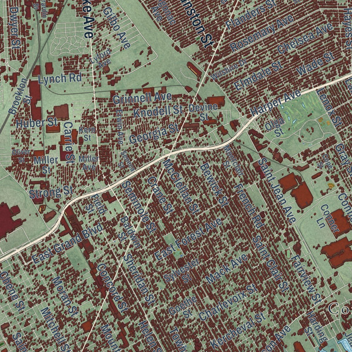Second close-up of the map of Detroit, Michigan print showing more streets and buildings