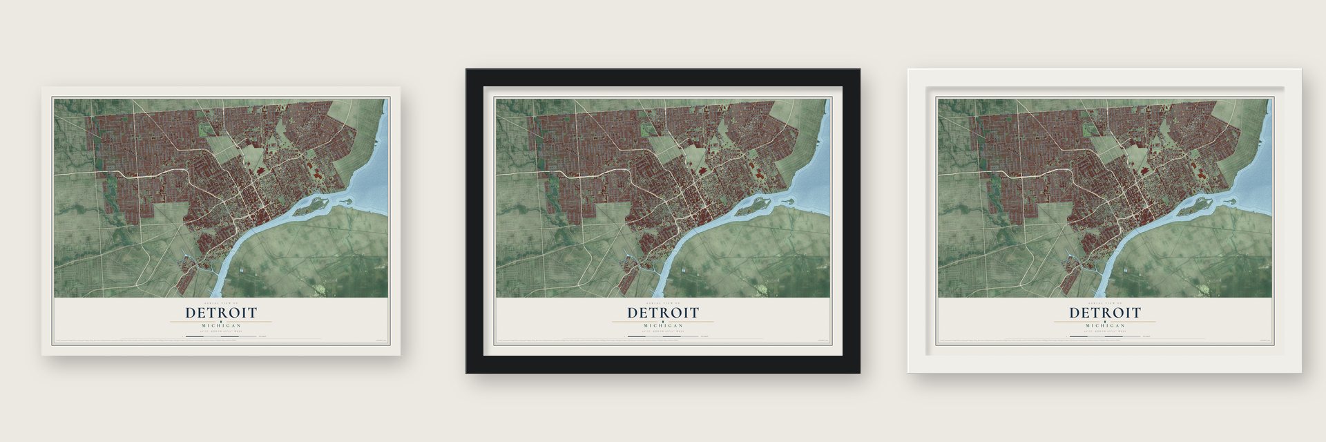 Detroit, Michigan map unframed, in a black wood frame and in a white wood frame