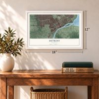 Detroit, Michigan map, 12 x 18 inch print in a white frame in an entryway