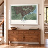 Detroit, Michigan map, 24 x 36 inch print in a white frame above a dresser by a staircase
