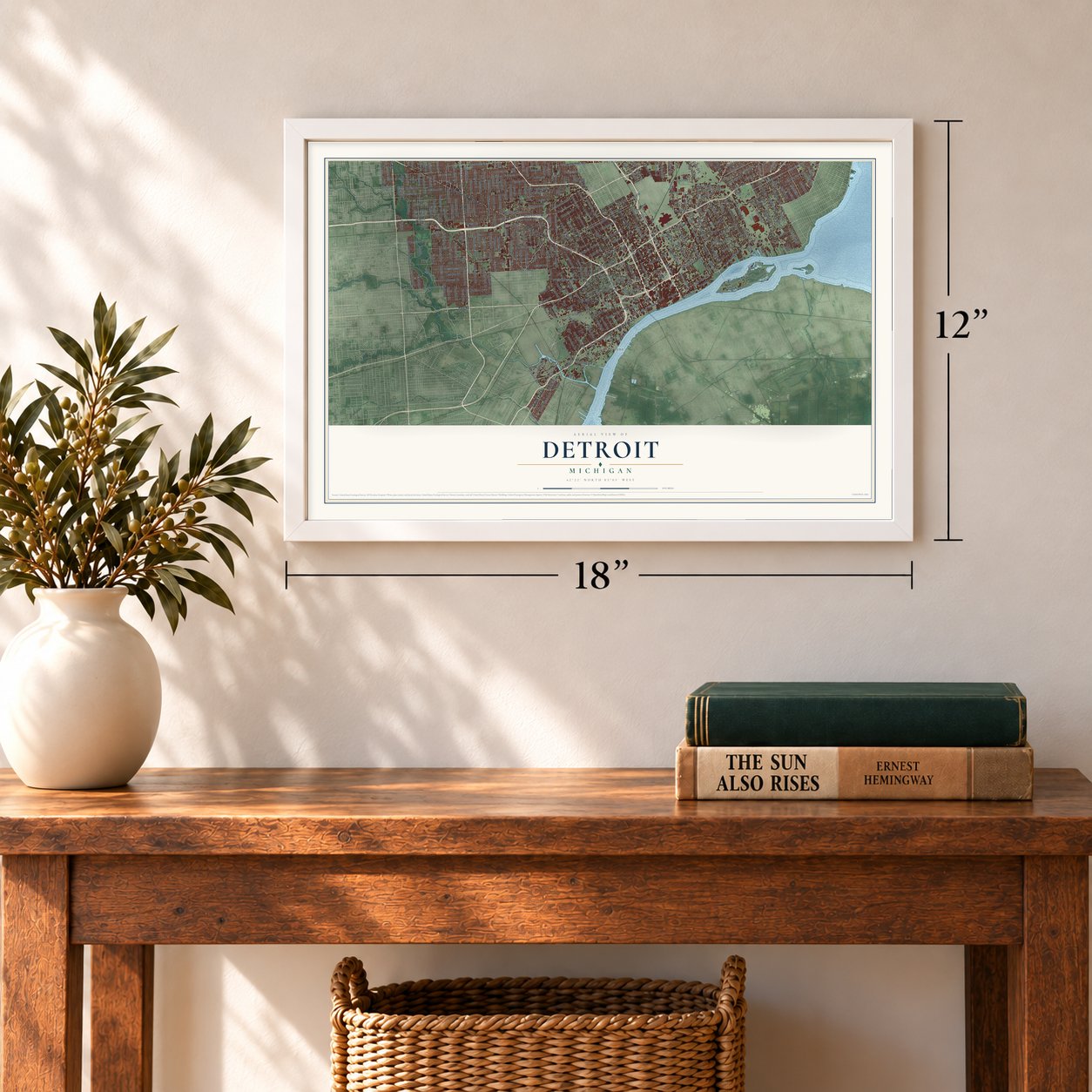 Detroit, Michigan map, 12 x 18 inch print in a white frame in an entryway