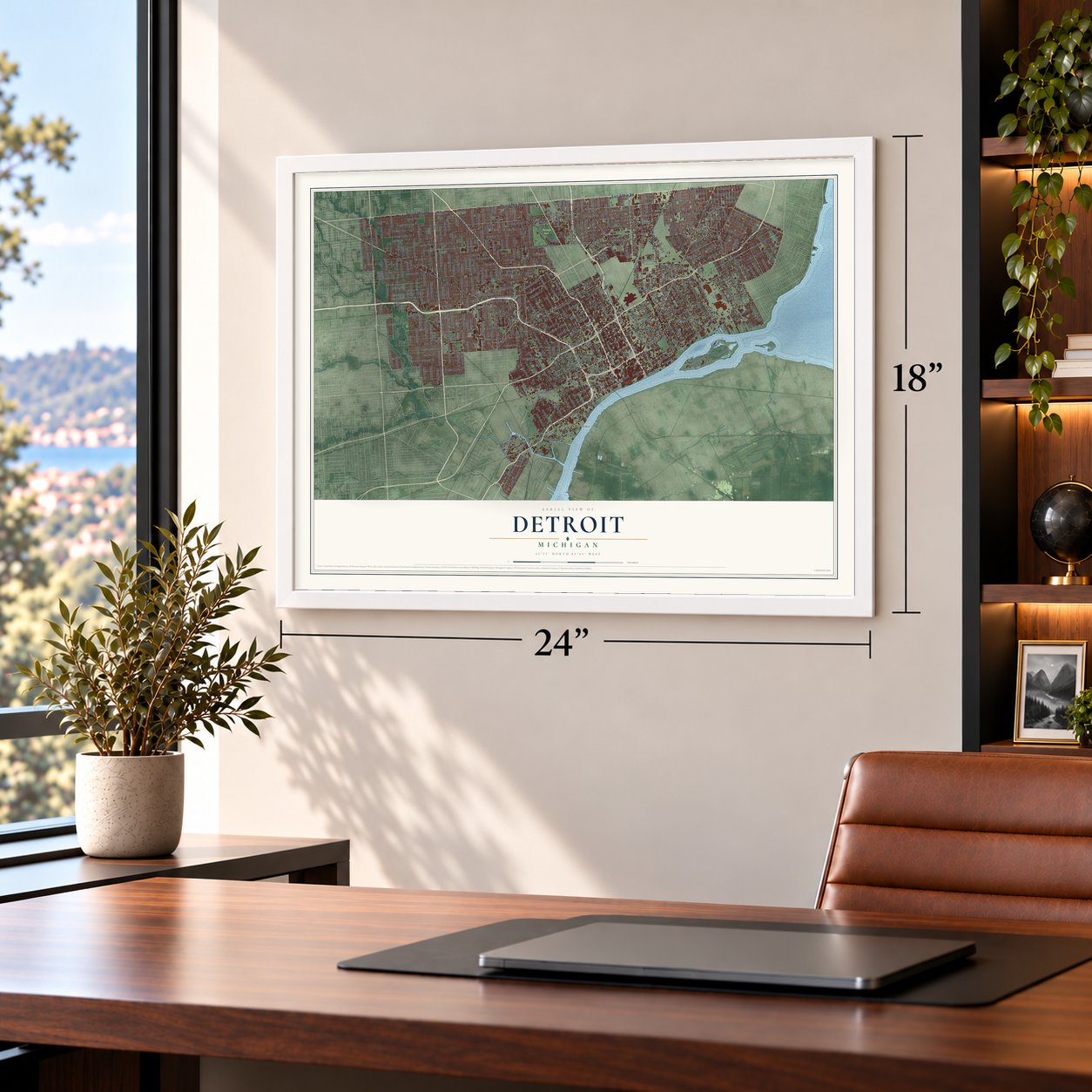Detroit, Michigan map, 18 x 24 inch print in a white frame in a home office
