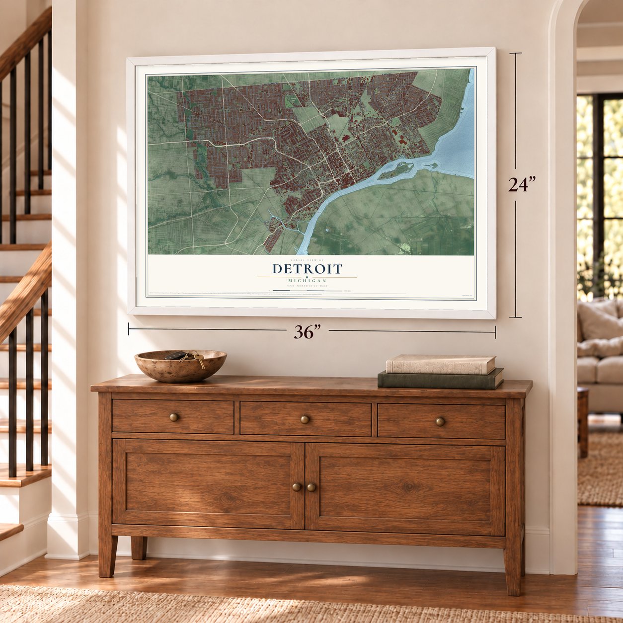 Detroit, Michigan map, 24 x 36 inch print in a white frame above a dresser by a staircase