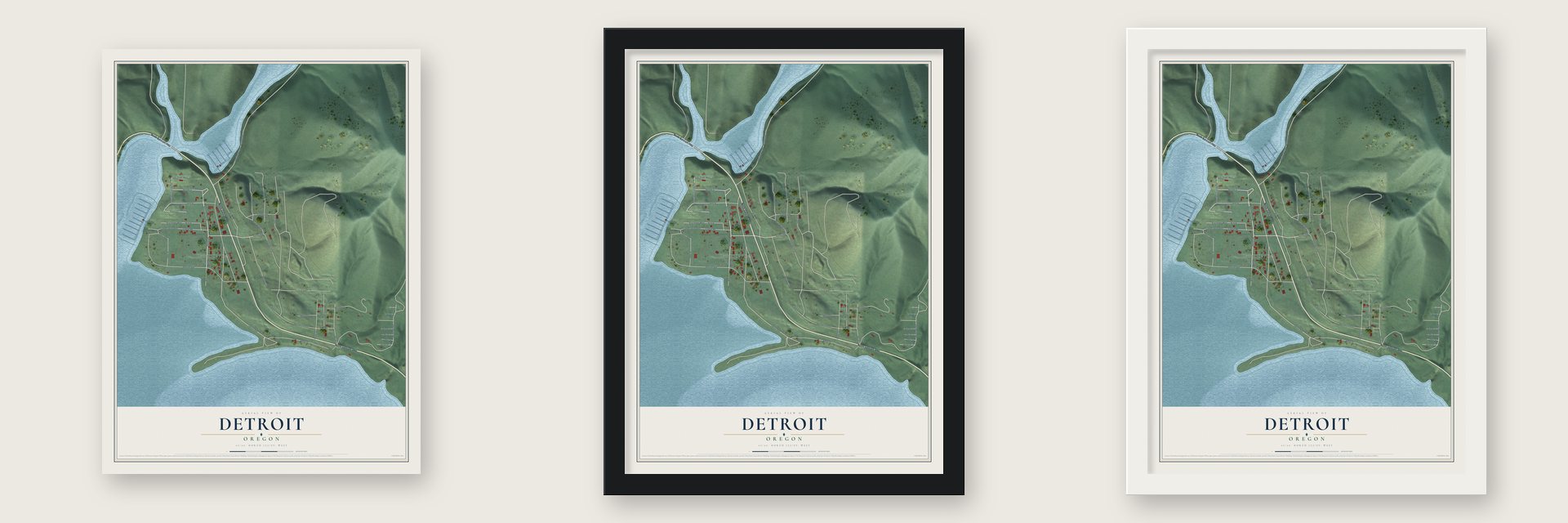 Detroit, Oregon map unframed, in a black wood frame and in a white wood frame