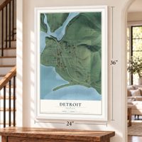 Detroit, Oregon map, 24 x 36 inch print in a white frame by a staircase