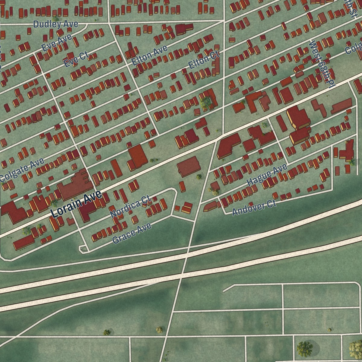 Second close-up of the map of Detroit Shoreway, Ohio print showing more streets and buildings
