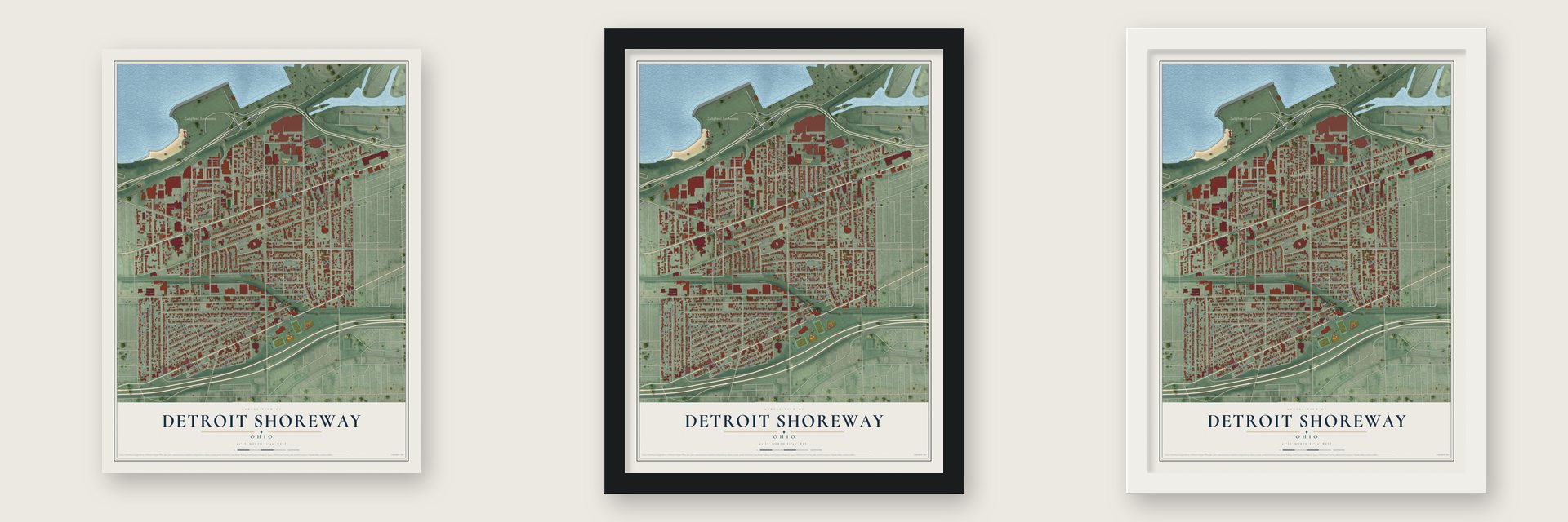 Detroit Shoreway, Ohio map unframed, in a black wood frame and in a white wood frame