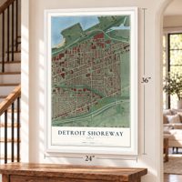 Detroit Shoreway, Ohio map, 24 x 36 inch print in a white frame by a staircase