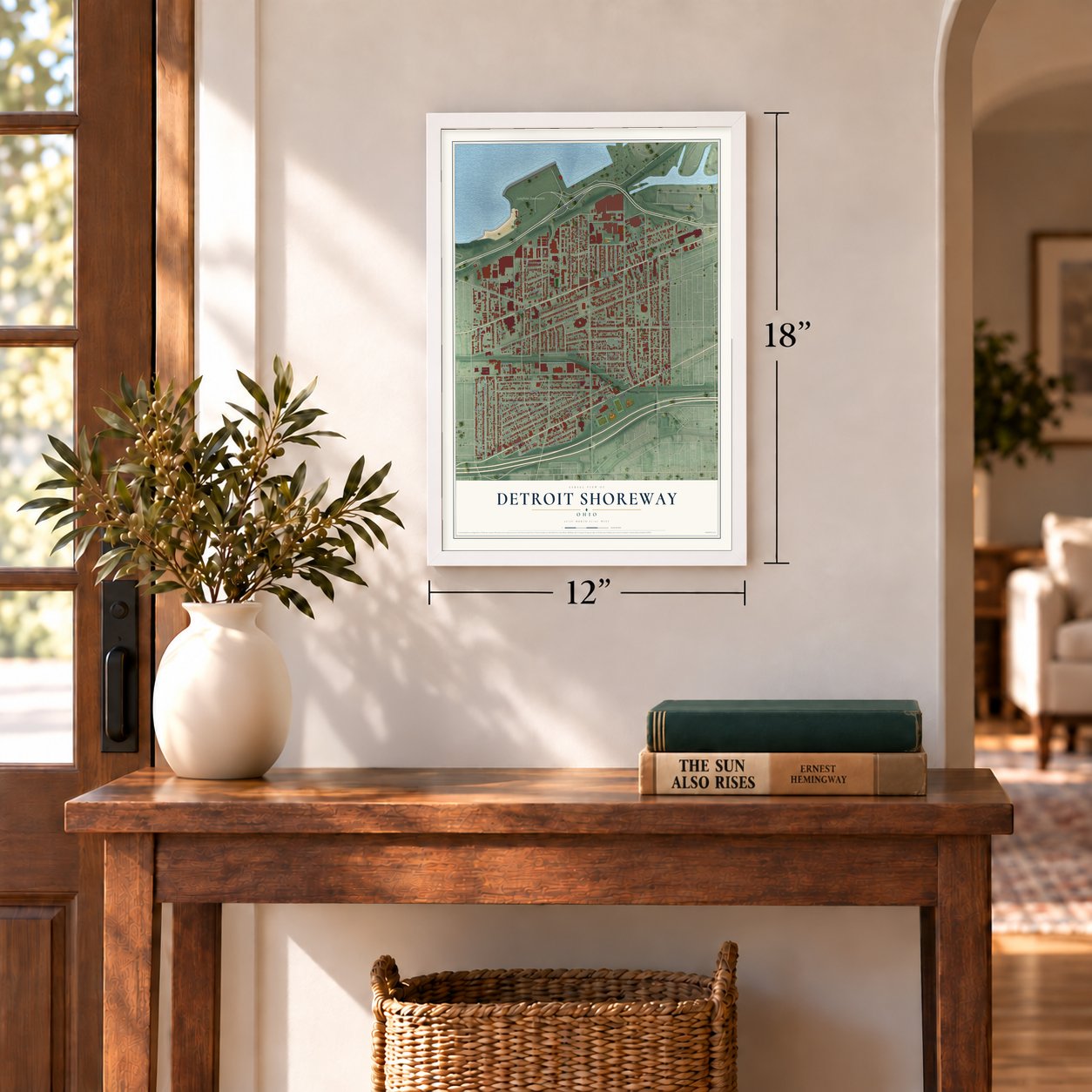 Detroit Shoreway, Ohio map, 12 x 18 inch print in a white frame in an entryway