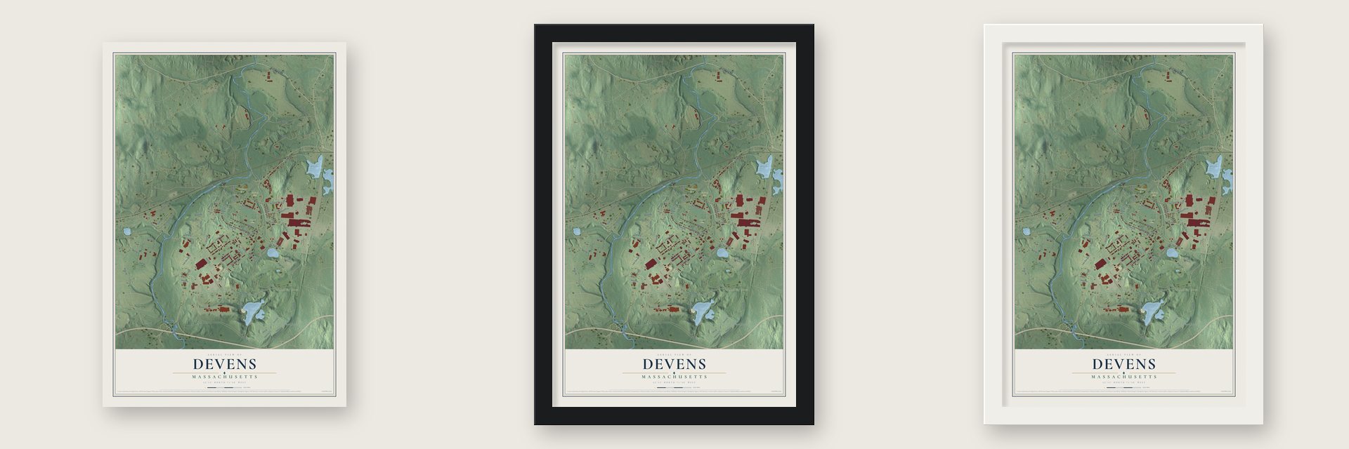 Devens, Massachusetts map unframed, in a black wood frame and in a white wood frame