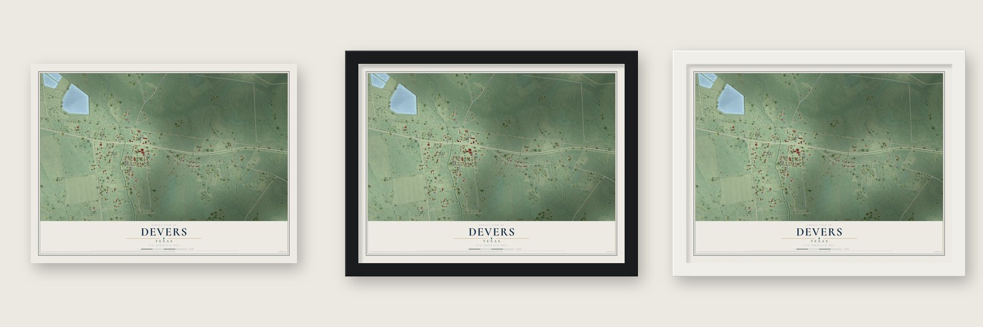 Devers, Texas map unframed, in a black wood frame and in a white wood frame