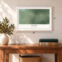 Devers, Texas map, 12 x 18 inch print in a white frame in an entryway