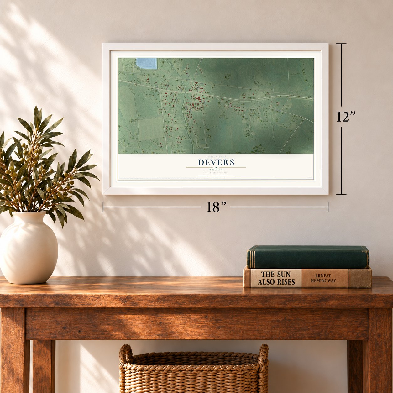 Devers, Texas map, 12 x 18 inch print in a white frame in an entryway