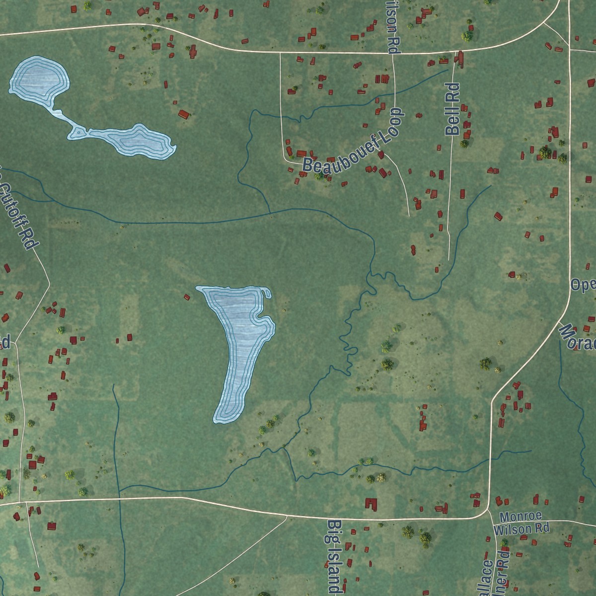 Second close-up of the map of Deville, Louisiana print showing more streets and buildings