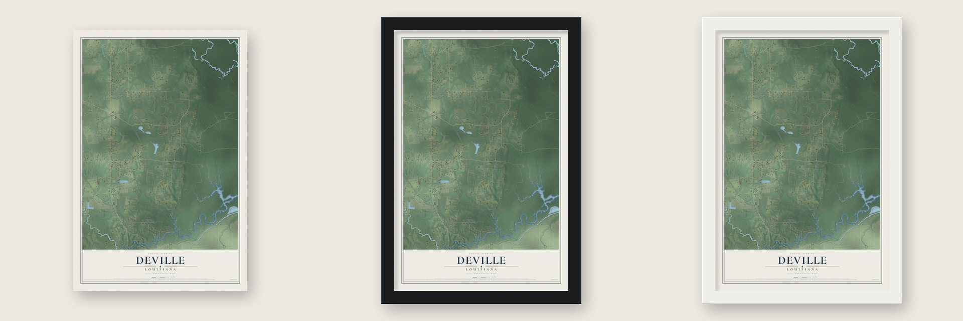 Deville, Louisiana map unframed, in a black wood frame and in a white wood frame