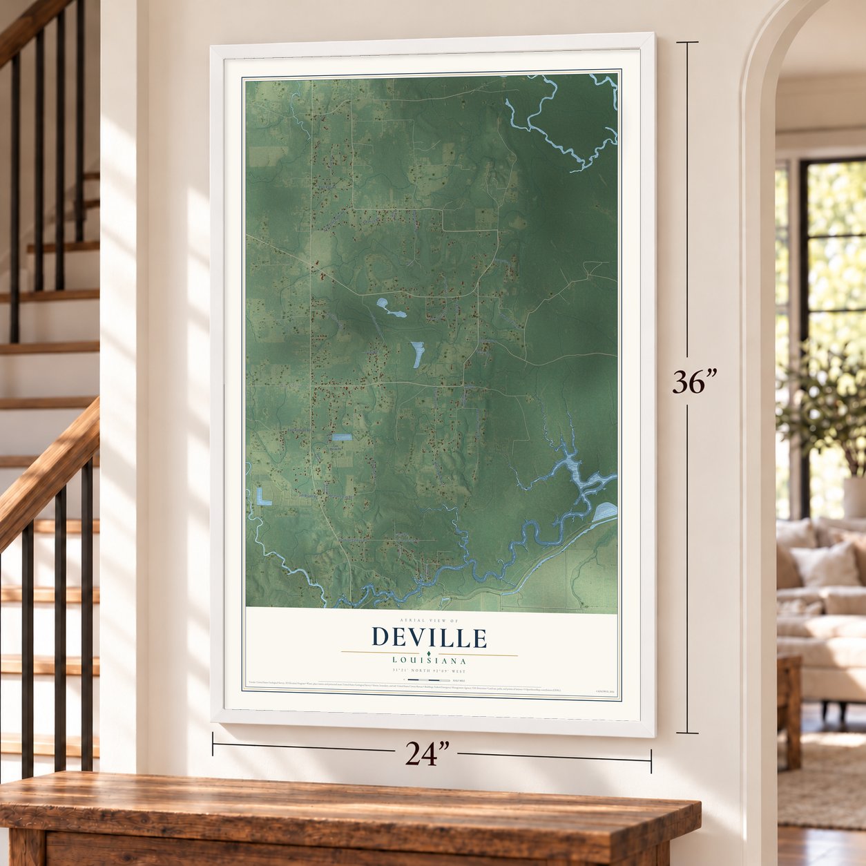 Deville, Louisiana map, 24 x 36 inch print in a white frame by a staircase