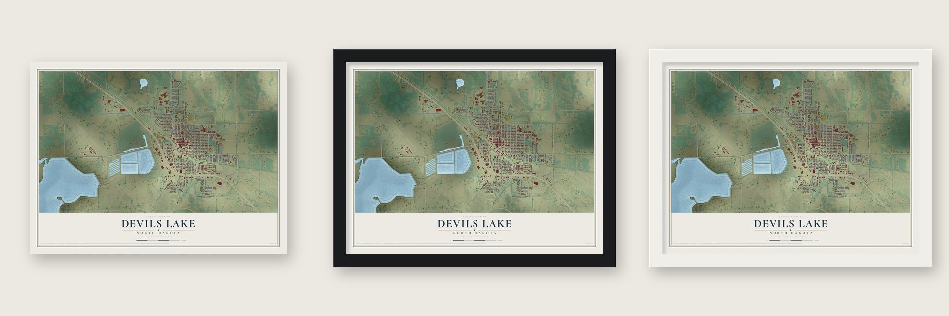 Devils Lake, North Dakota map unframed, in a black wood frame and in a white wood frame