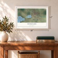 Devils Lake, North Dakota map, 12 x 18 inch print in a white frame in an entryway