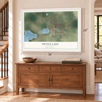 Devils Lake, North Dakota map, 24 x 36 inch print in a white frame above a dresser by a staircase