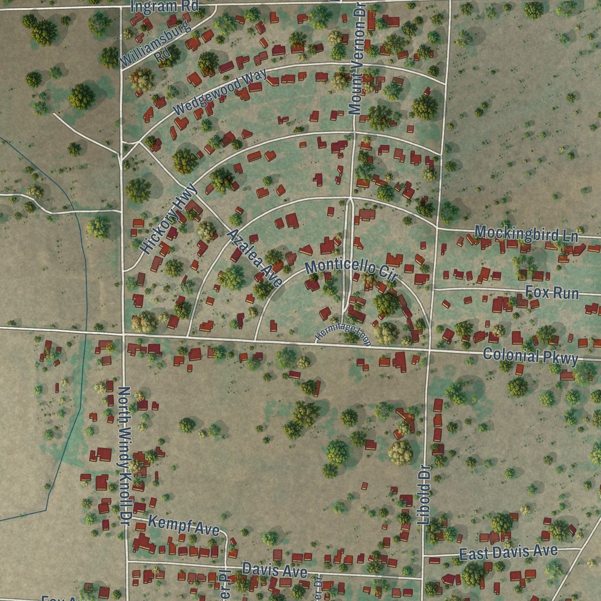Second close-up of the map of Devine, Texas print showing more streets and buildings
