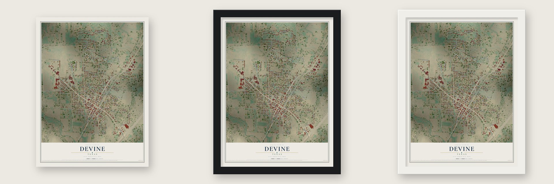 Devine, Texas map unframed, in a black wood frame and in a white wood frame