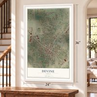 Devine, Texas map, 24 x 36 inch print in a white frame by a staircase