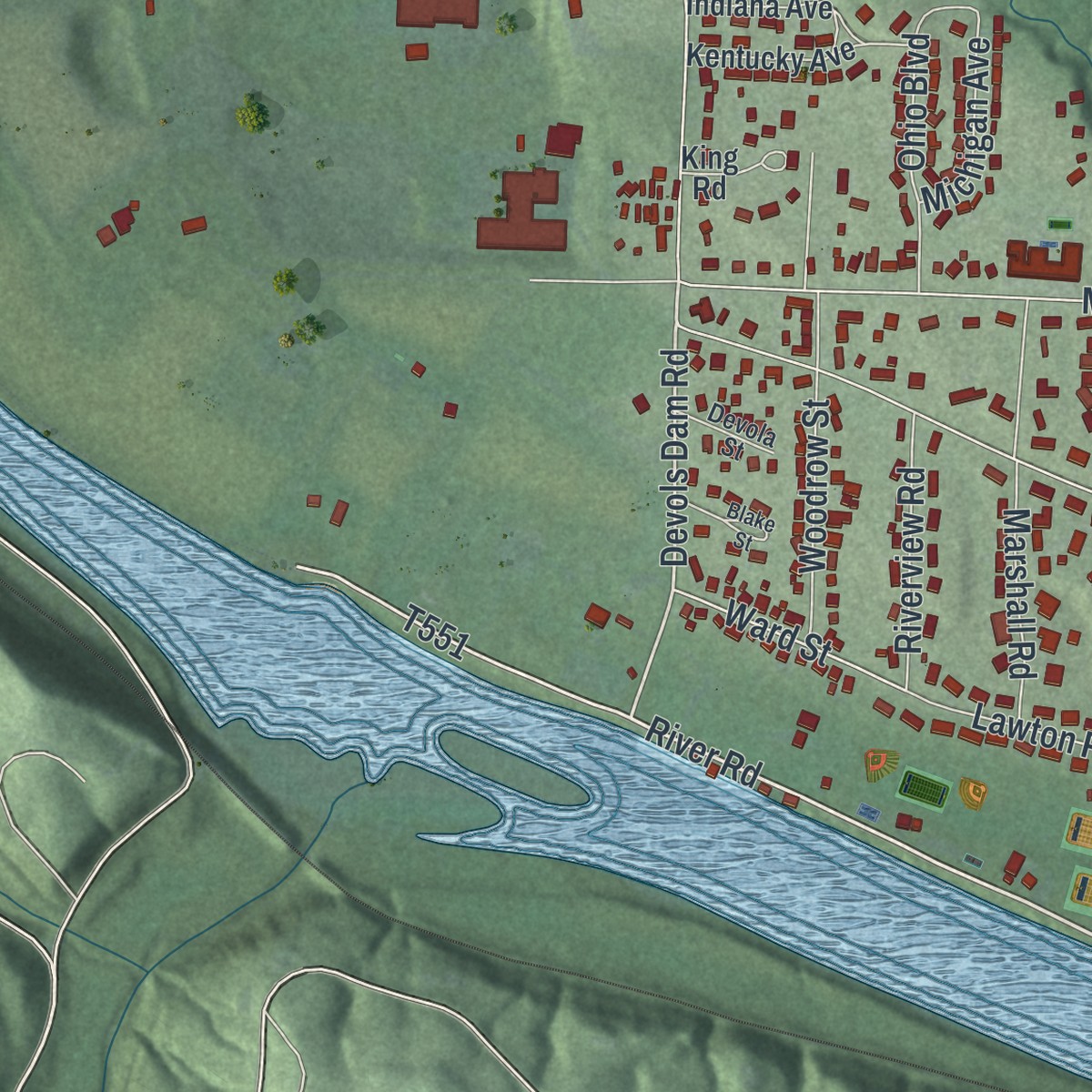 Second close-up of the map of Devola, Ohio print showing more streets and buildings
