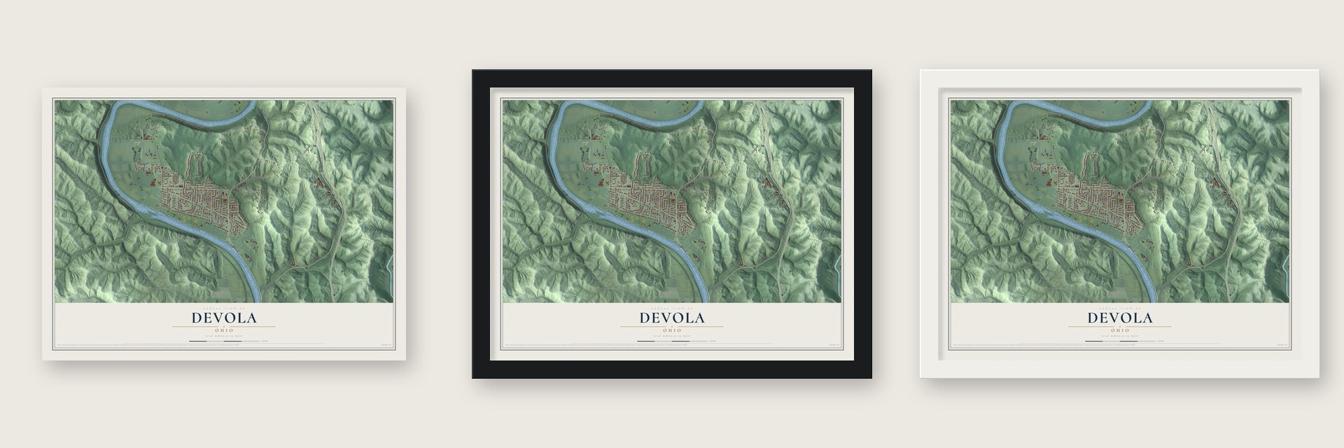 Devola, Ohio map unframed, in a black wood frame and in a white wood frame