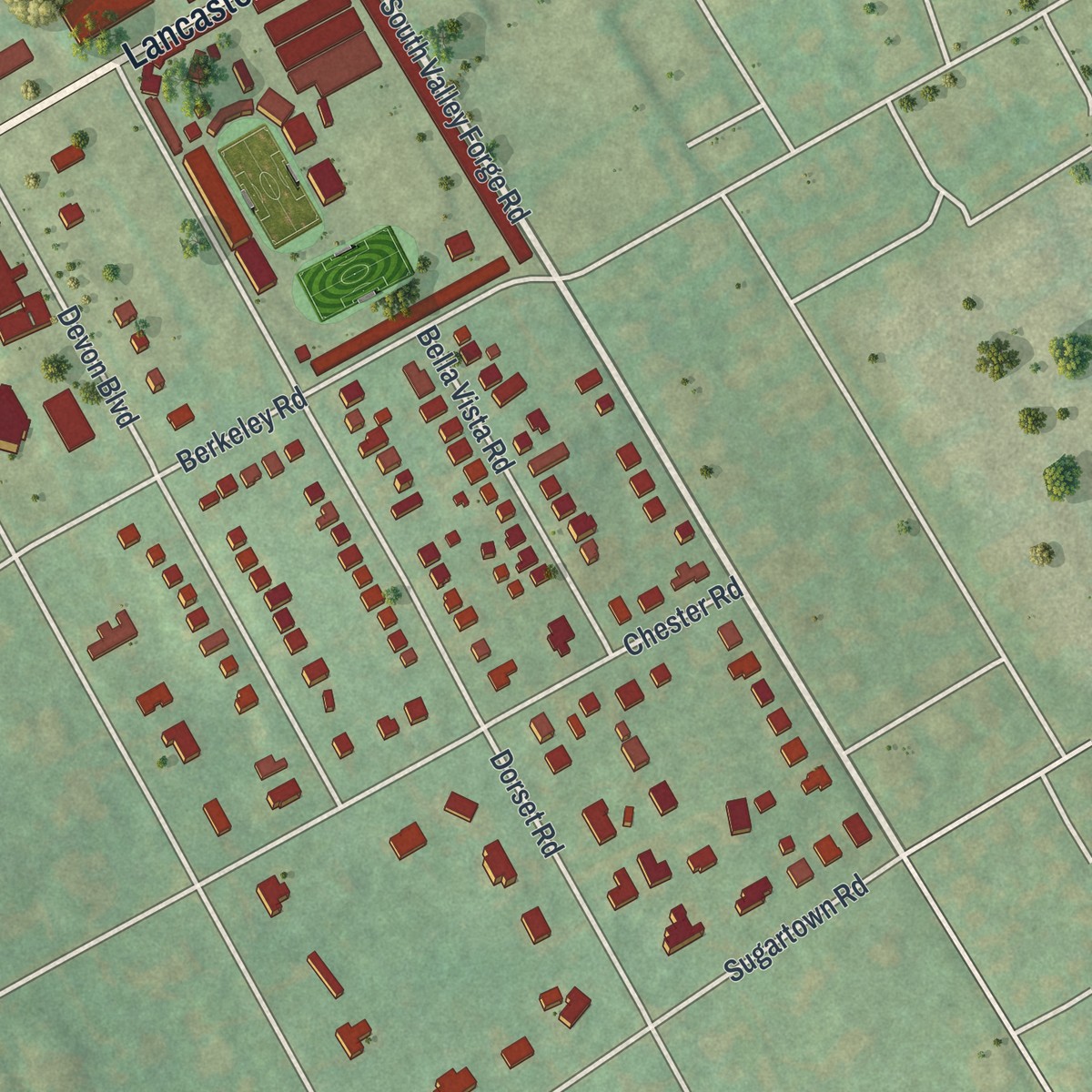 Second close-up of the map of Devon, Pennsylvania print showing more streets and buildings