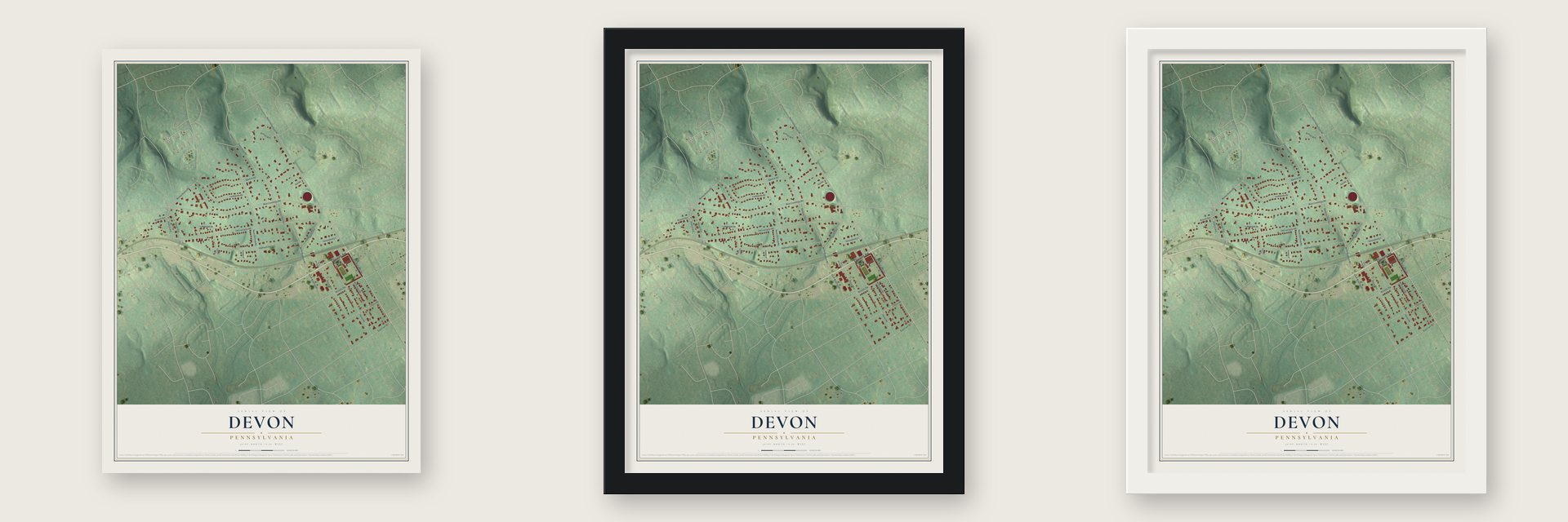 Devon, Pennsylvania map unframed, in a black wood frame and in a white wood frame
