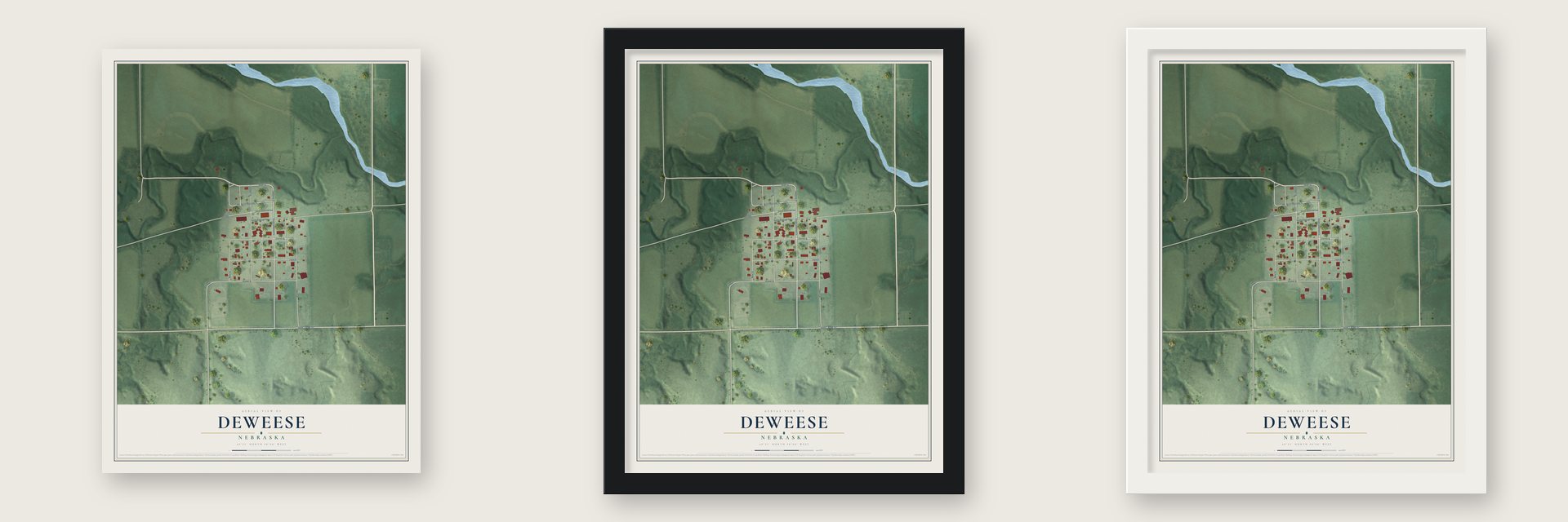 Deweese, Nebraska map unframed, in a black wood frame and in a white wood frame