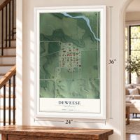 Deweese, Nebraska map, 24 x 36 inch print in a white frame by a staircase
