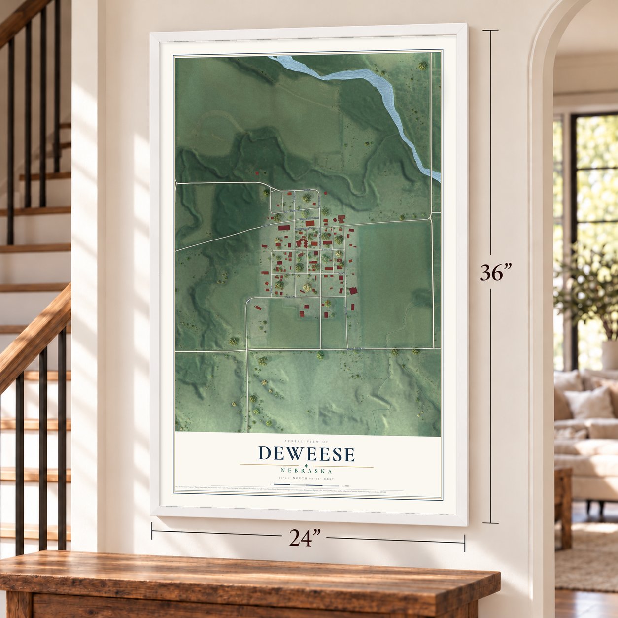 Deweese, Nebraska map, 24 x 36 inch print in a white frame by a staircase