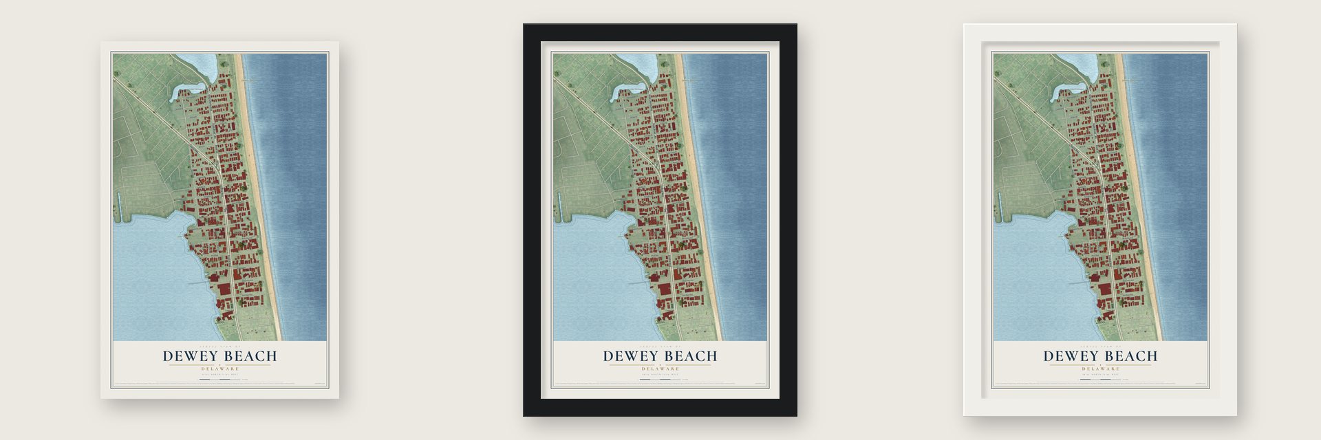Dewey Beach, Delaware map unframed, in a black wood frame and in a white wood frame