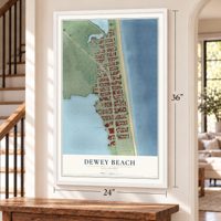 Dewey Beach, Delaware map, 24 x 36 inch print in a white frame by a staircase