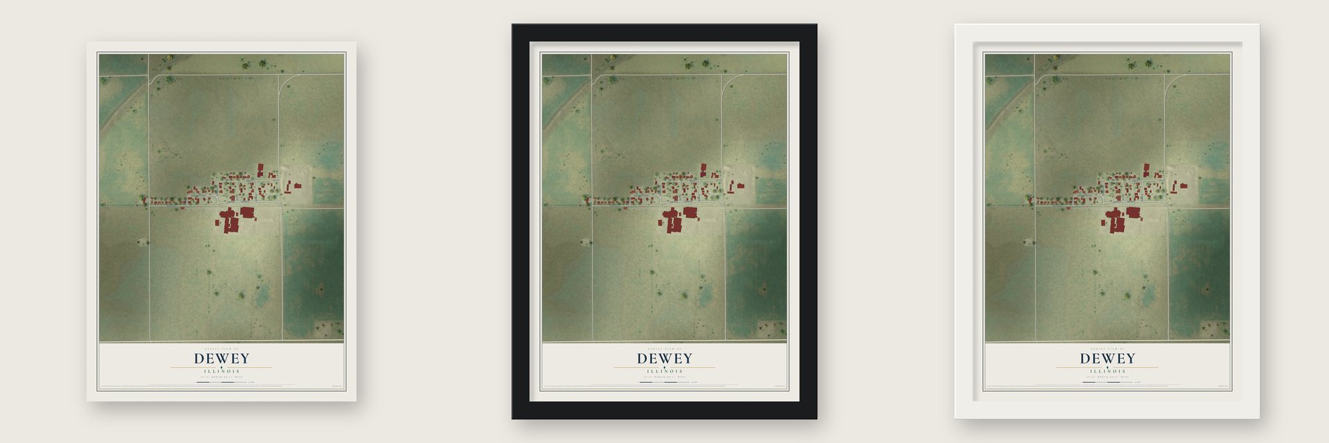 Dewey, Illinois map unframed, in a black wood frame and in a white wood frame