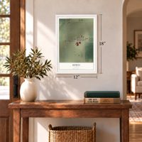 Dewey, Illinois map, 12 x 18 inch print in a white frame in an entryway