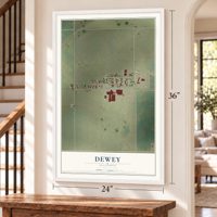 Dewey, Illinois map, 24 x 36 inch print in a white frame by a staircase