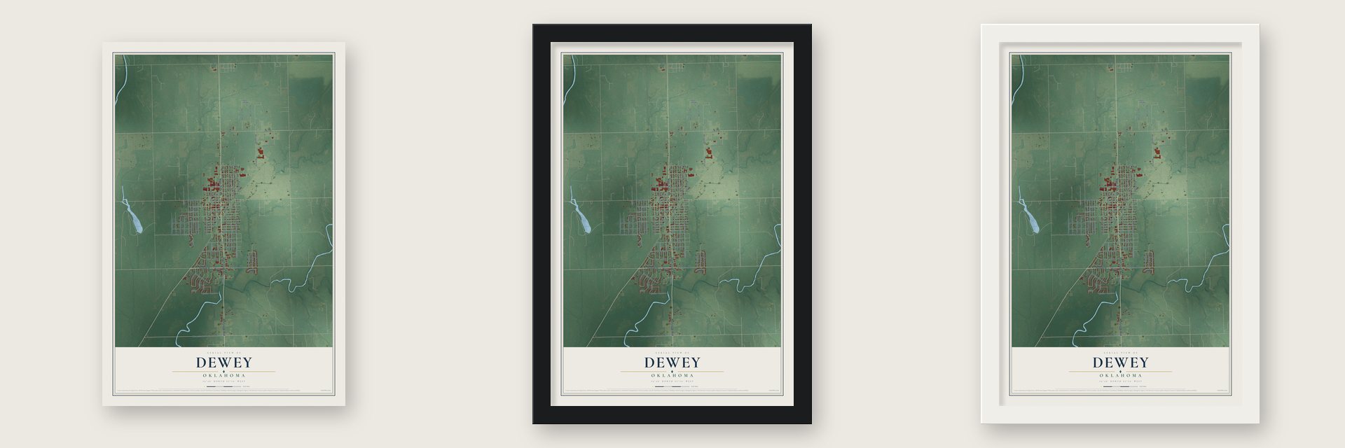 Dewey, Oklahoma map unframed, in a black wood frame and in a white wood frame