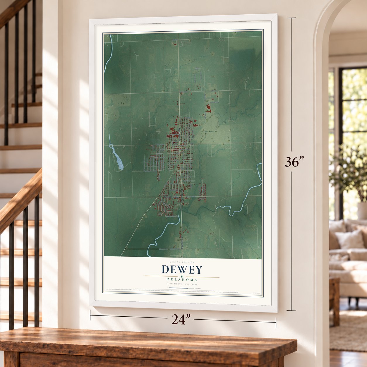 Dewey, Oklahoma map, 24 x 36 inch print in a white frame by a staircase