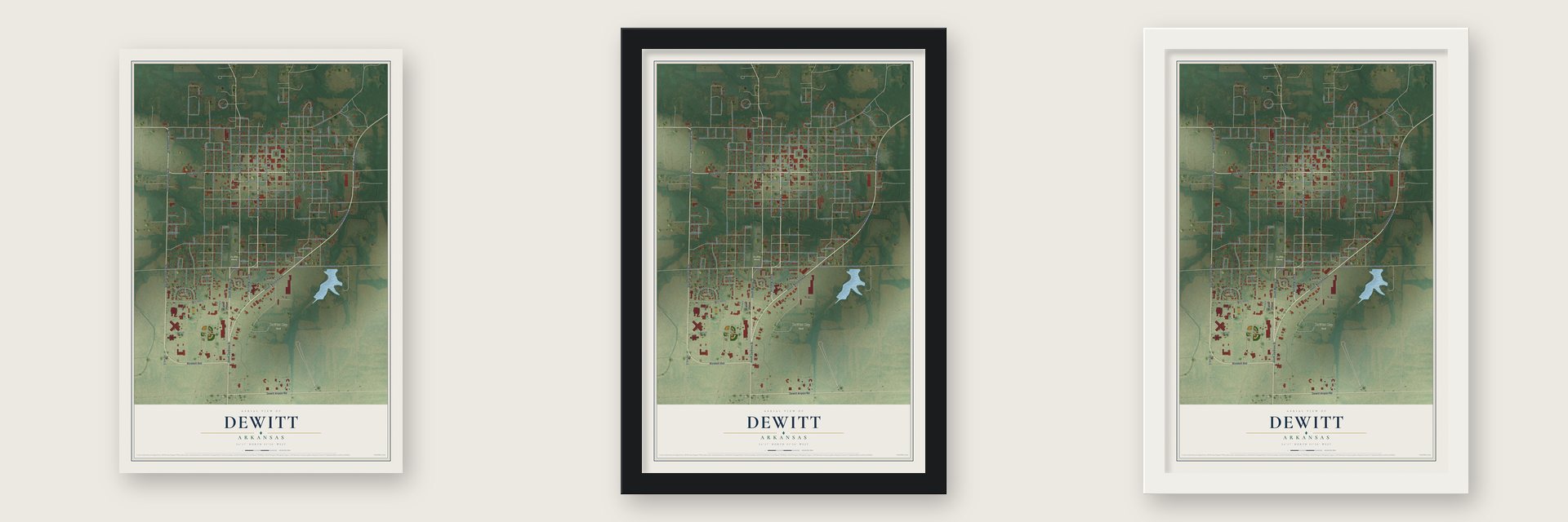 DeWitt, Arkansas map unframed, in a black wood frame and in a white wood frame