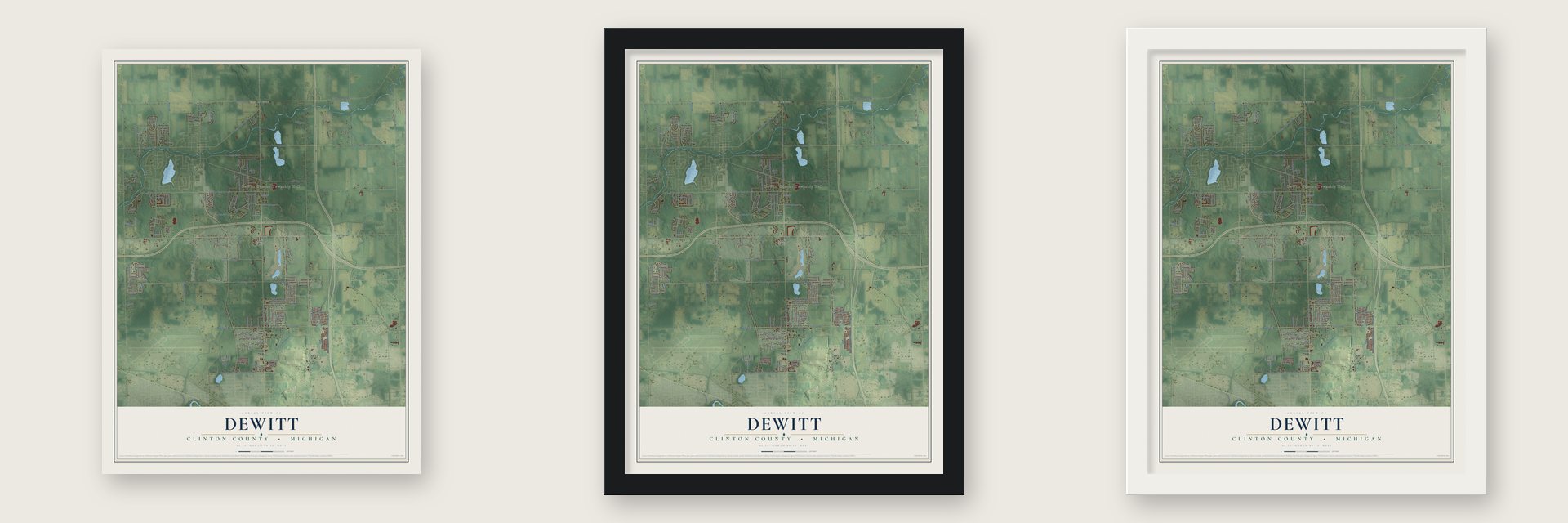 DeWitt, Clinton County, Michigan map unframed, in a black wood frame and in a white wood frame