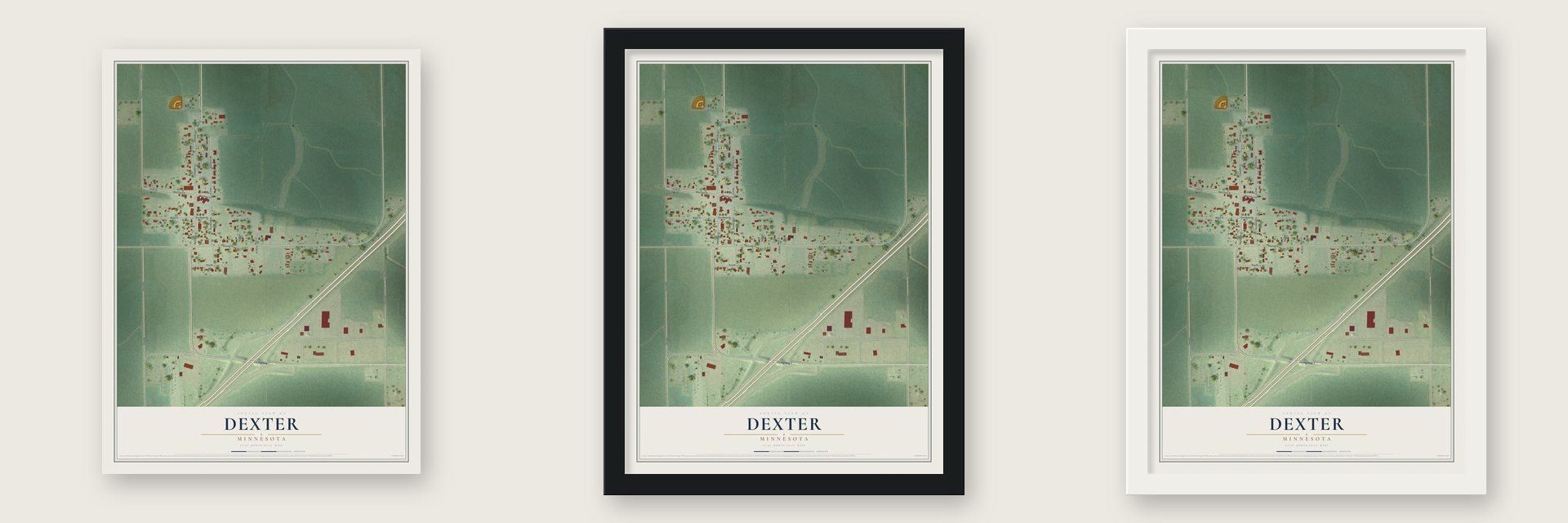 Dexter, Minnesota map unframed, in a black wood frame and in a white wood frame