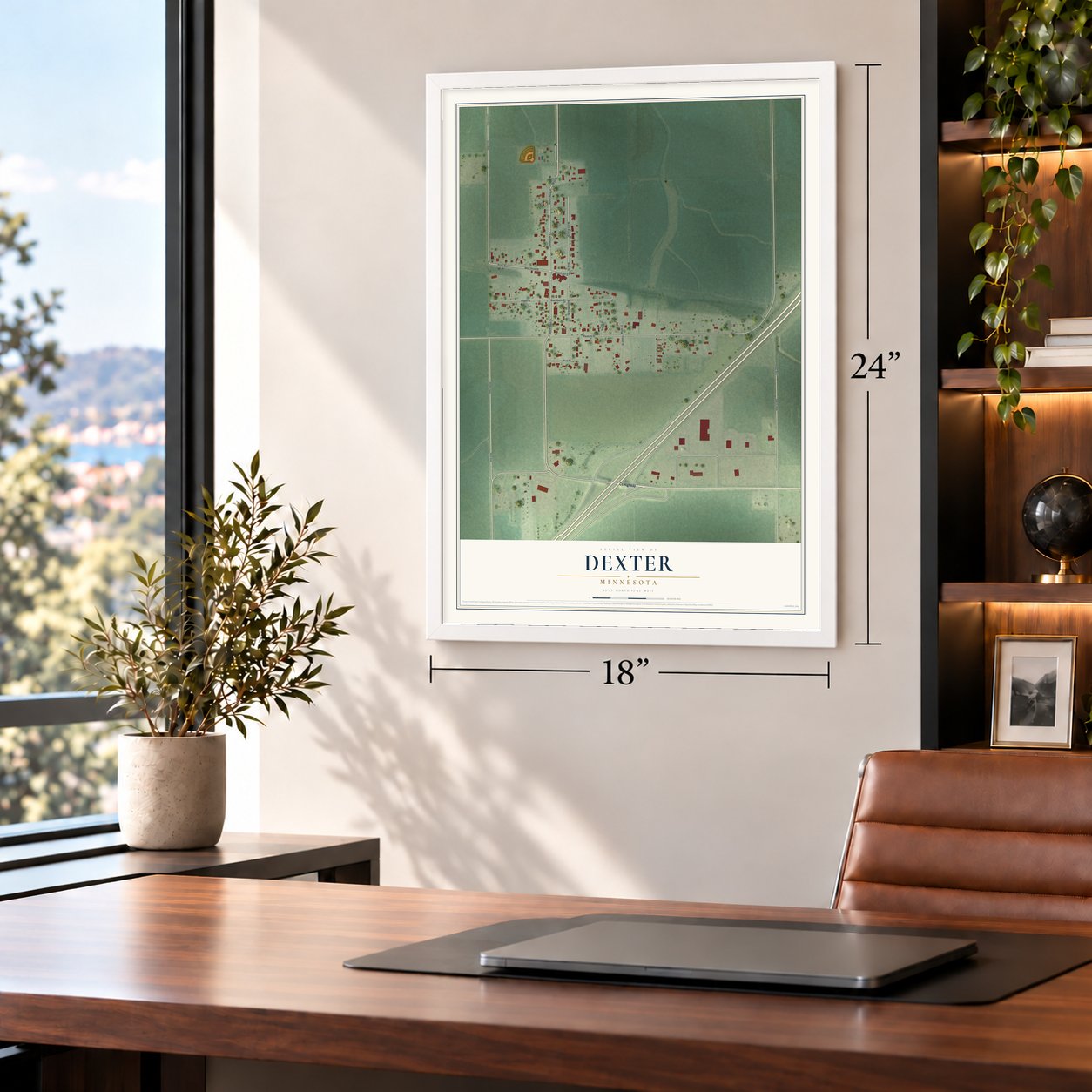 Dexter, Minnesota map, 18 x 24 inch print in a white frame in a home office
