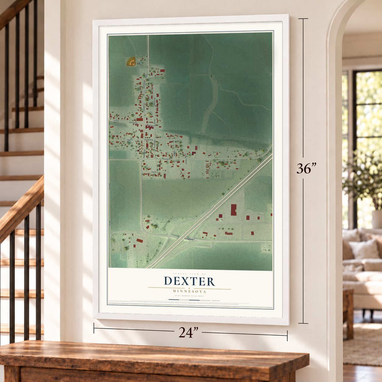 Dexter, Minnesota map, 24 x 36 inch print in a white frame by a staircase