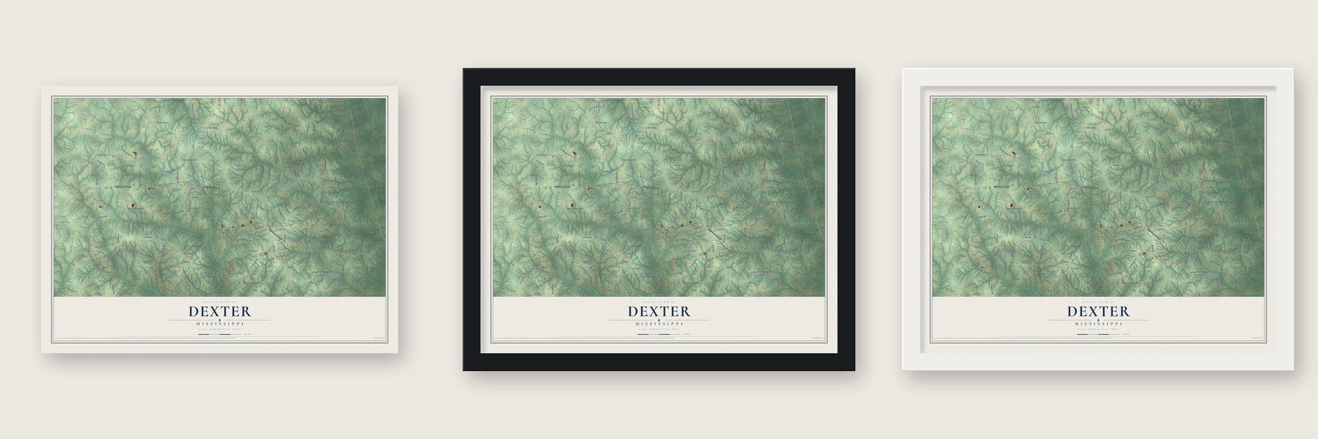 Dexter, Mississippi map unframed, in a black wood frame and in a white wood frame
