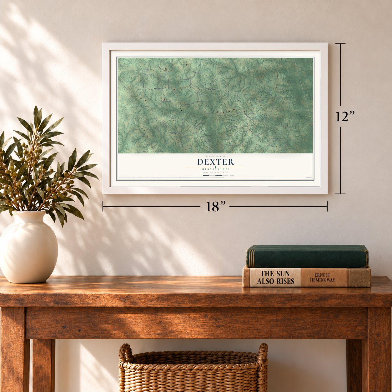 Dexter, Mississippi map, 12 x 18 inch print in a white frame in an entryway