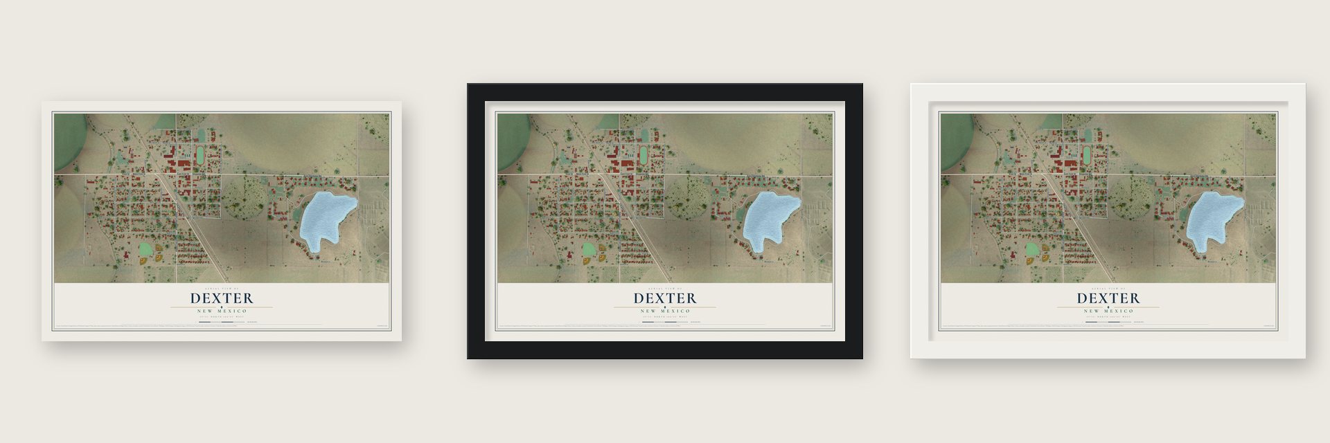 Dexter, New Mexico map unframed, in a black wood frame and in a white wood frame