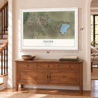 Dexter, New Mexico map, 24 x 36 inch print in a white frame above a dresser by a staircase